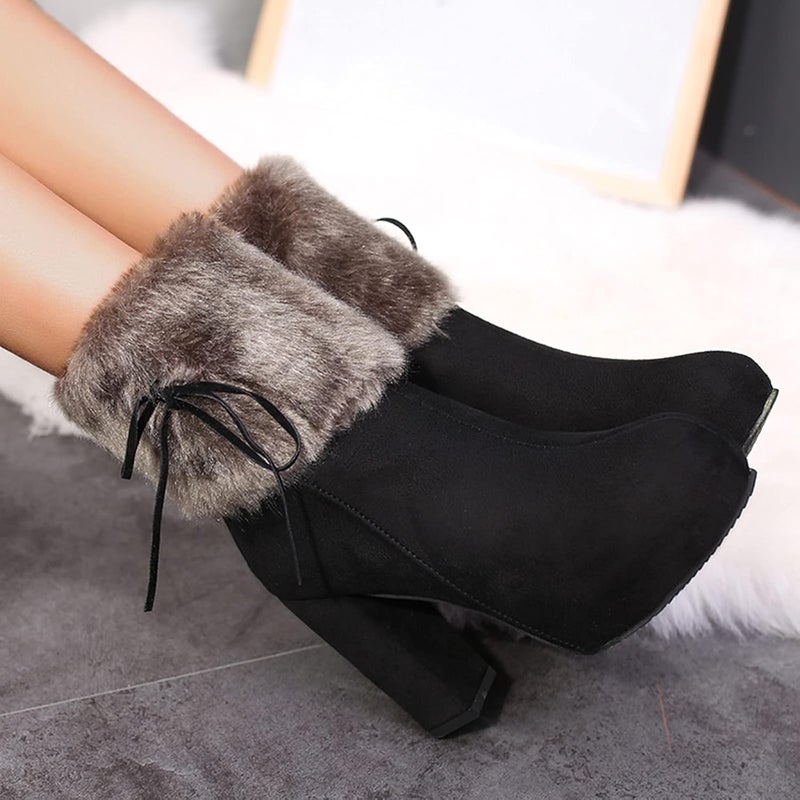 woobles Winter Boot for Women,Women Round Toe Platform Booties Ladies Cute Chunky High Heel Snow Ankle Boot Wedge Zipper Slip On Boot Causal Walking Dress Shoe (Black, 8) - Image 5